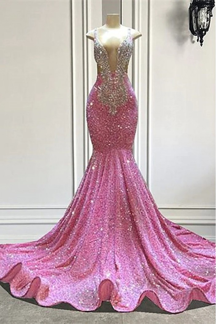 Mermaid Long Pink Beaded Sequins Prom Dresses 801190