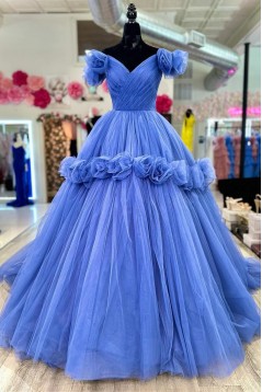 A-Line Long Blue V Neck Prom Dresses 801215