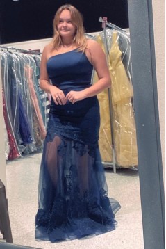 Mermaid One Shoulder Blue Long Prom Dresses 801220