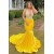 Mermaid Long Yellow V Neck Lace Prom Dresses 801236