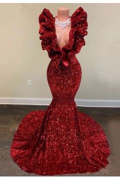 Mermaid Deep V Neck Red Sequins Long Prom Dresses 801238