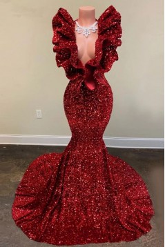 Mermaid Deep V Neck Red Sequins Long Prom Dresses 801238