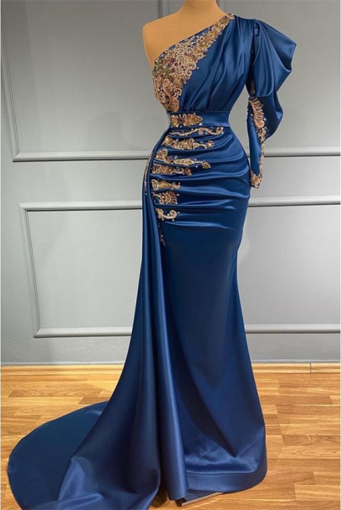Mermaid Beaded Lace One Shoulder Long Prom Dresses 801242