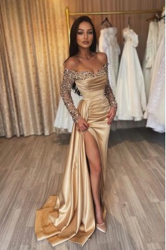 Beaded Off the Shoulder Long Sleeves Prom Dresses with Slit 801244