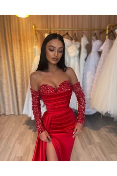 Beaded Red Off the Shoulder Long Sleeves Prom Dresses with Slit 801245
