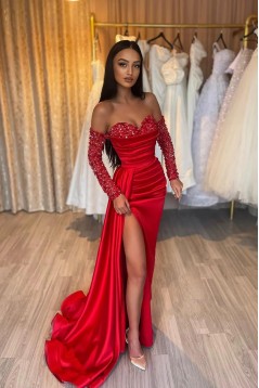 Beaded Red Off the Shoulder Long Sleeves Prom Dresses with Slit 801245