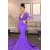Deep V Neck Mermaid Long Purple Lace Appliques Prom Dresses with Long Sleeves 801282