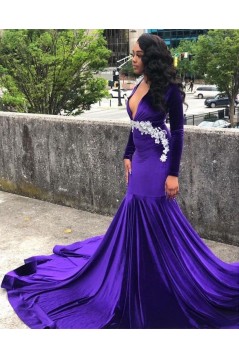 Deep V Neck Long Purple Mermaid Prom Dresses 801288
