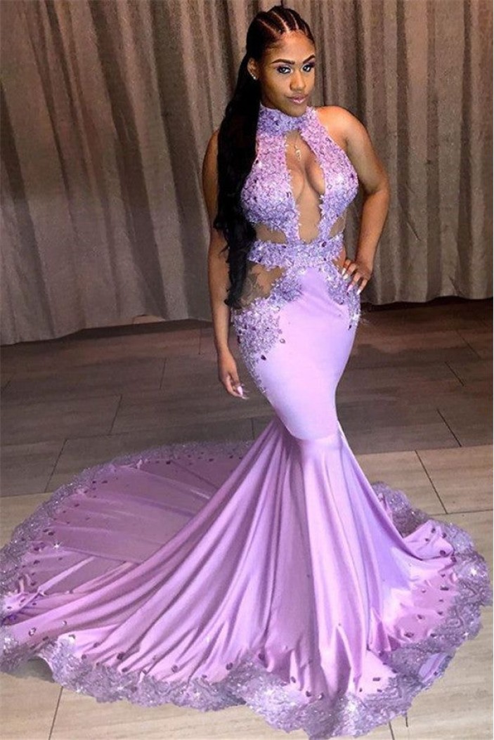Mermaid Beaded Lace Appliques Purple Long Prom Dresses 801293