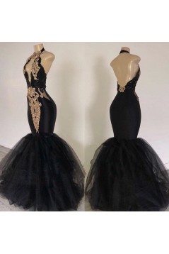 Mermaid Gold Lace Appliques Long Black Prom Dresses 801334