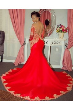 Mermaid Red Long Sleeves Lace Long Prom Dresses 801336