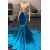 Mermaid Long Blue High Neck Prom Dresses with Gold Lace Appliques 801348