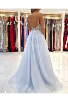 Long Blue Beaded Tulle Prom Dresses Formal Evening Dresses 801349