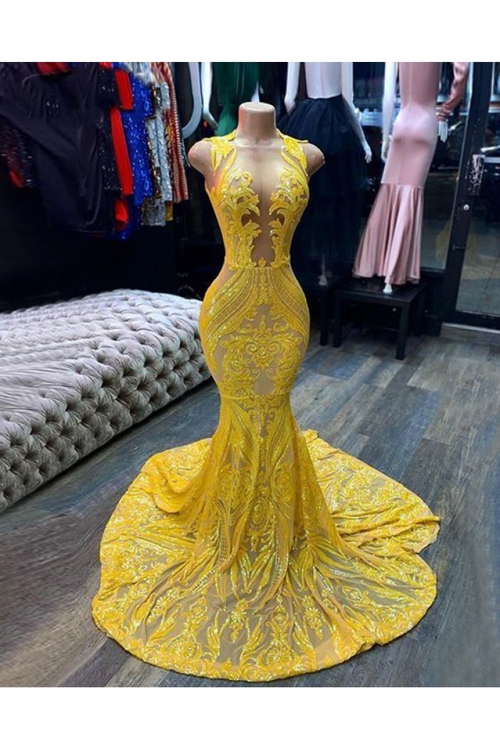 Mermaid Yellow Lace Sleeveless Long Prom Dresses 801362