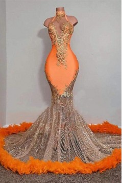 Mermaid Orange Halter Sleeveless Long Prom Dresses 801372