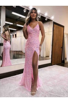 Long Pink Sheath Sequins Prom Dresses with Slit 801398
