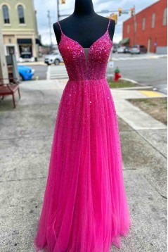 A-Line Long Pink Beaded Tulle Prom Dresses 801425
