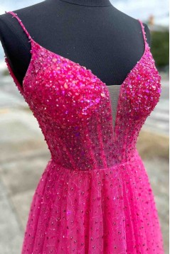 A-Line Long Pink Beaded Tulle Prom Dresses 801425