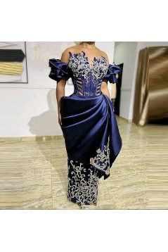Long Navy Blue Off the Shoulder Lace Prom Dresses 801445