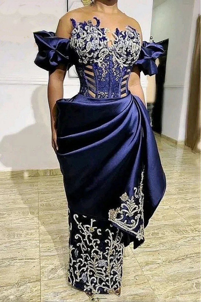 Long Navy Blue Off the Shoulder Lace Prom Dresses 801445