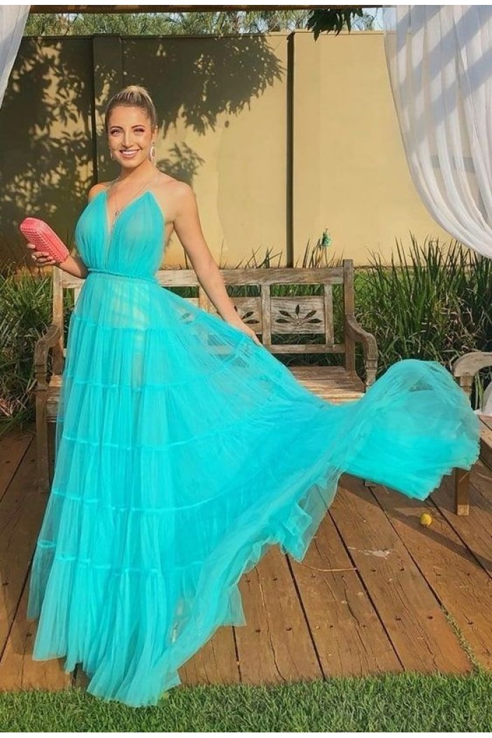 A-Line Long Blue Tulle Spaghetti Straps Prom Dresses 801452