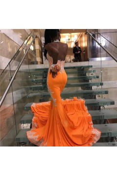 Mermaid Orange Long Beaded Lace Prom Dresses 801464