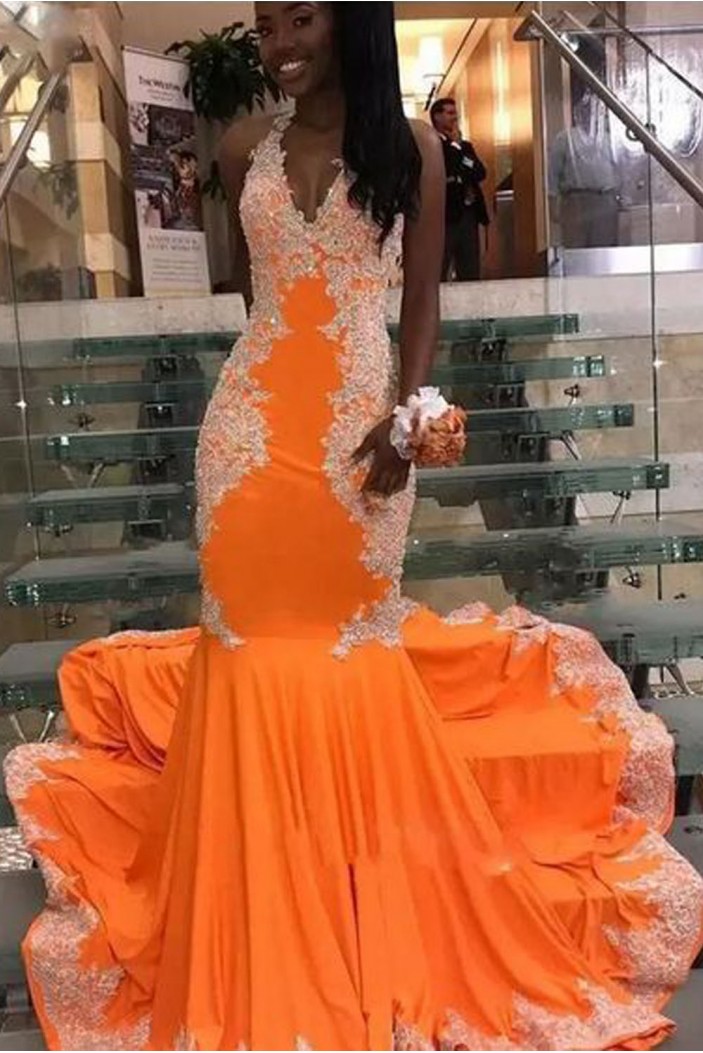 Mermaid Orange Long Beaded Lace Prom Dresses 801464