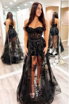 A-Line Lace and Tulle Long Black Prom Dresses 801470
