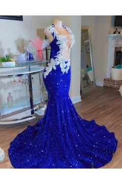 Mermaid Royal Blue Lace Sequins Long Prom Dresses 801475