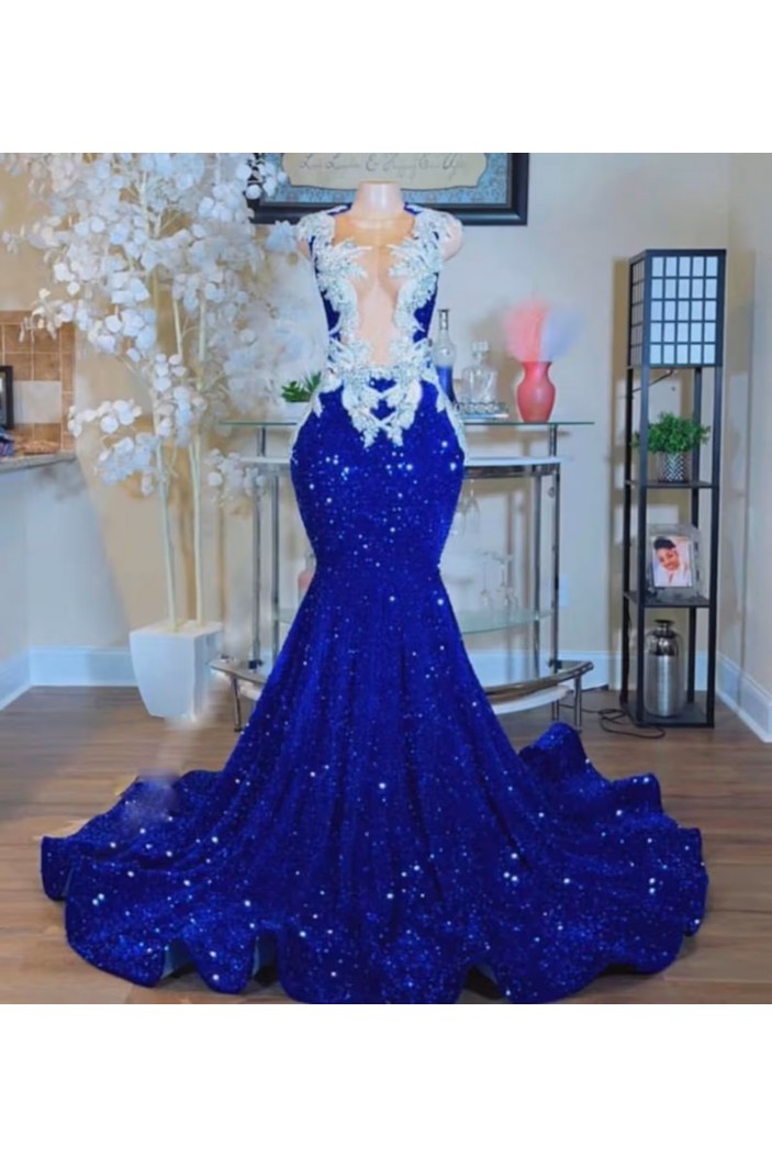 Mermaid Royal Blue Lace Sequins Long Prom Dresses 801475