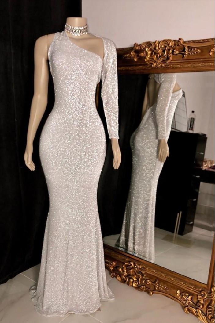 Mermaid One Sleeve Sequins Long Prom Dresses 801487