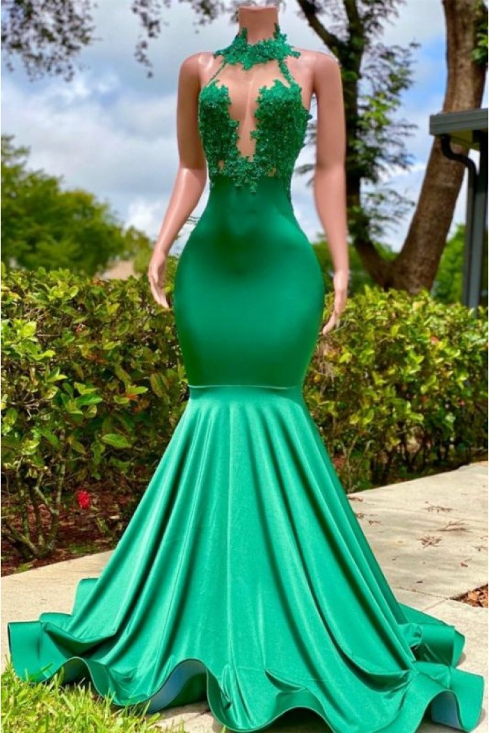 Long Green Mermaid Halter Lace Prom Dresses 801489