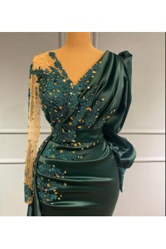 Mermaid Beaded Lace Long Sleeves Green Prom Dresses 801499