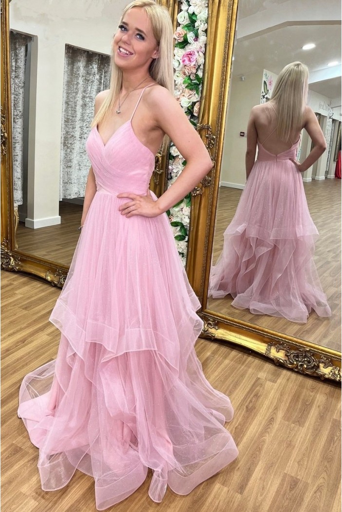 Long Pink Spaghetti Straps Tulle Prom Dresses 801508