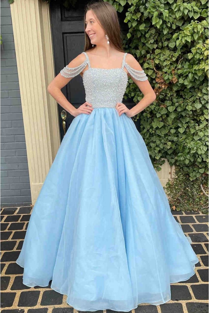 A-Line Beaded Long Blue Prom Dresses 801519