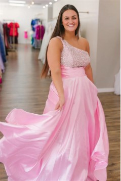 Long Pink One Shoulder Beaded Prom Dresses 801530