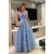 A-Line Long Blue Tulle V Neck Prom Dresses 801537