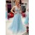 A-Line Beaded Long Blue V Neck Prom Dresses 801572