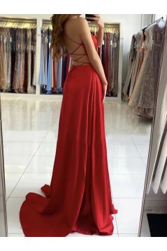 A-Line V Neck Long Prom Dresses Formal Evening Gowns with Slit 901002