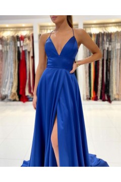 A-Line V Neck Long Prom Dresses Formal Evening Gowns with Slit 901002
