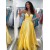 Long Yellow V Neck Satin Prom Dresses Formal Evening Gowns 901008