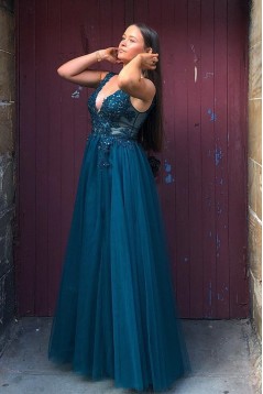 Long Navy Blue V Neck Lace and Tulle Prom Dresses Formal Evening Gowns with Beads 901017