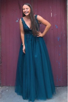 Long Navy Blue V Neck Lace and Tulle Prom Dresses Formal Evening Gowns with Beads 901017