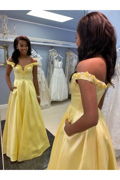 A-Line Long Yellow Satin Prom Dresses Formal Evening Gowns with Pockets 901019