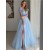 Long Blue Tulle Prom Dresses Formal Evening Gowns with Lace Appliques 901026