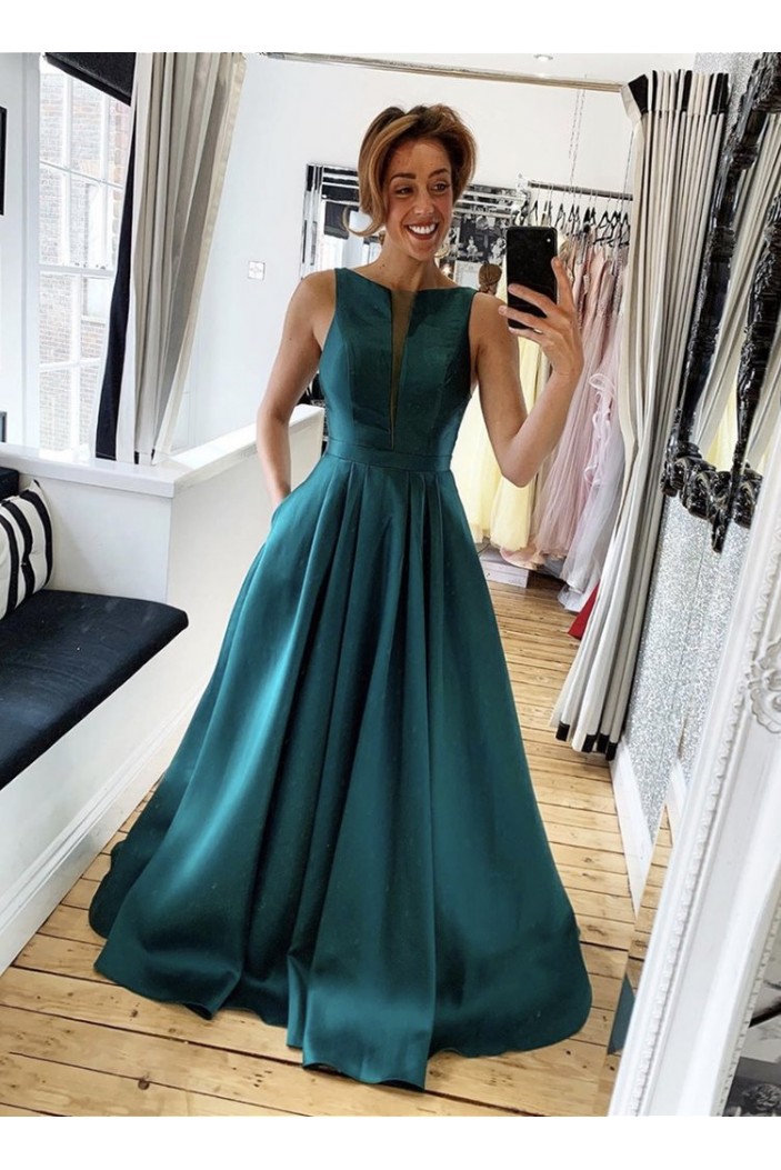 Long Satin Prom Dresses Formal Evening Gowns with Pockets 901035
