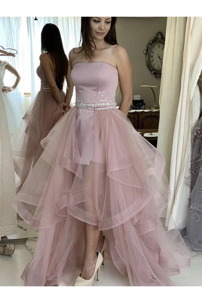 High Low Strapless Tulle Prom Dresses Formal Evening Gowns with Beads 901050