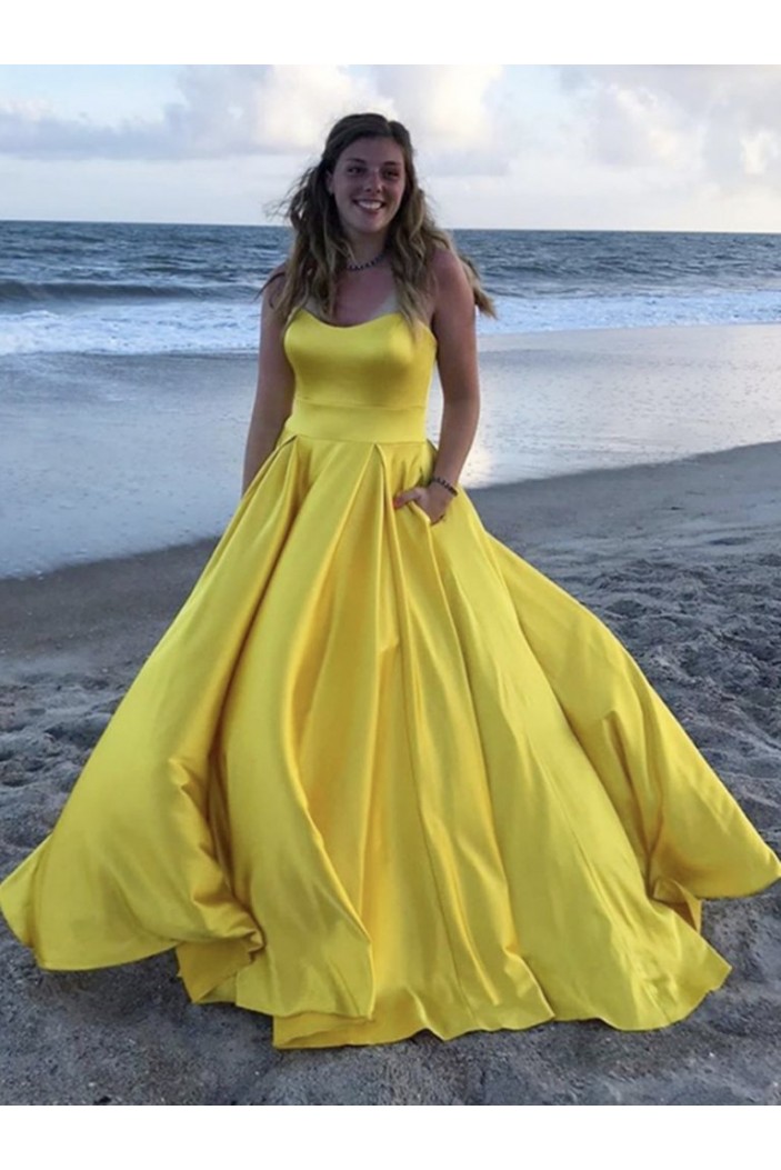 Long Yellow Strapless Satin Prom Dresses Formal Evening Gowns 901052