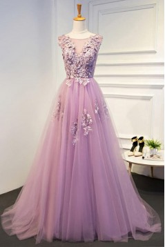 A-Line Tulle and Lace Long Prom Dresses Formal Evening Gowns 901055