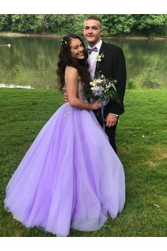 A-Line Lavender Tulle Long Beaded Prom Dresses Formal Evening Gowns 901061